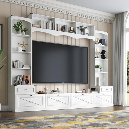 Loomie 104" W Wall Unit TV Stand with Storage for TVs up to 80", Large Farmhouse Wall Unit Entertainment Center with Bridge & Bookshelves, Tall TV Console Table Media Center for Living Room