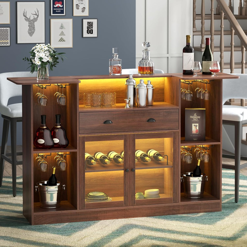 Loomie Bar Table Cabinet with LED &amp; Drawer,Mini Liquor Bar with 8-Tier Storage&amp;Stemware Holder