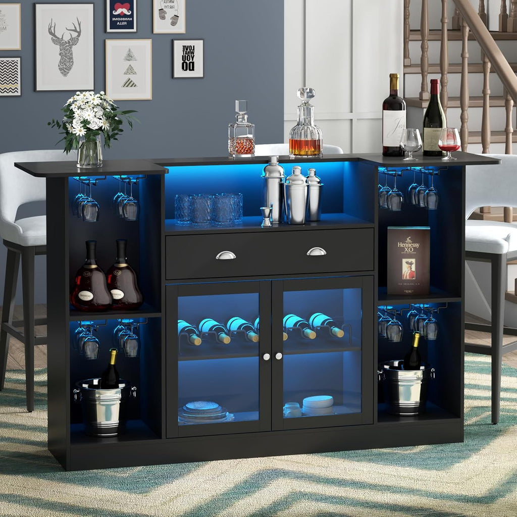 Loomie Bar Table Cabinet with LED &amp; Drawer,Mini Liquor Bar with 8-Tier Storage&amp;Stemware Holder