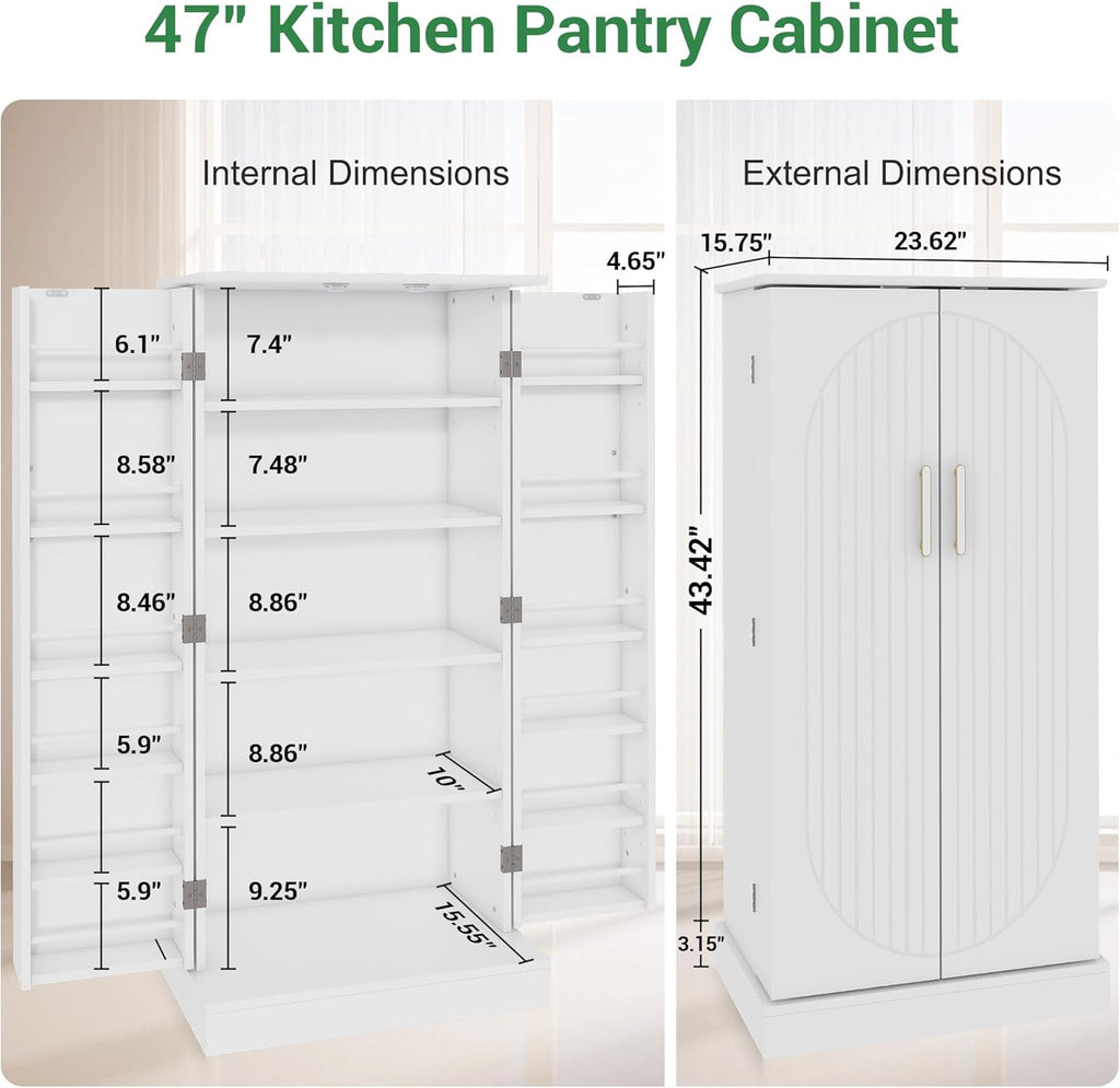 SAUDISM 47” Kitchen Pantry Cabinets, Freestanding Kitchen Pantry Storage Cabinet with Doors and Adjustable Shelves