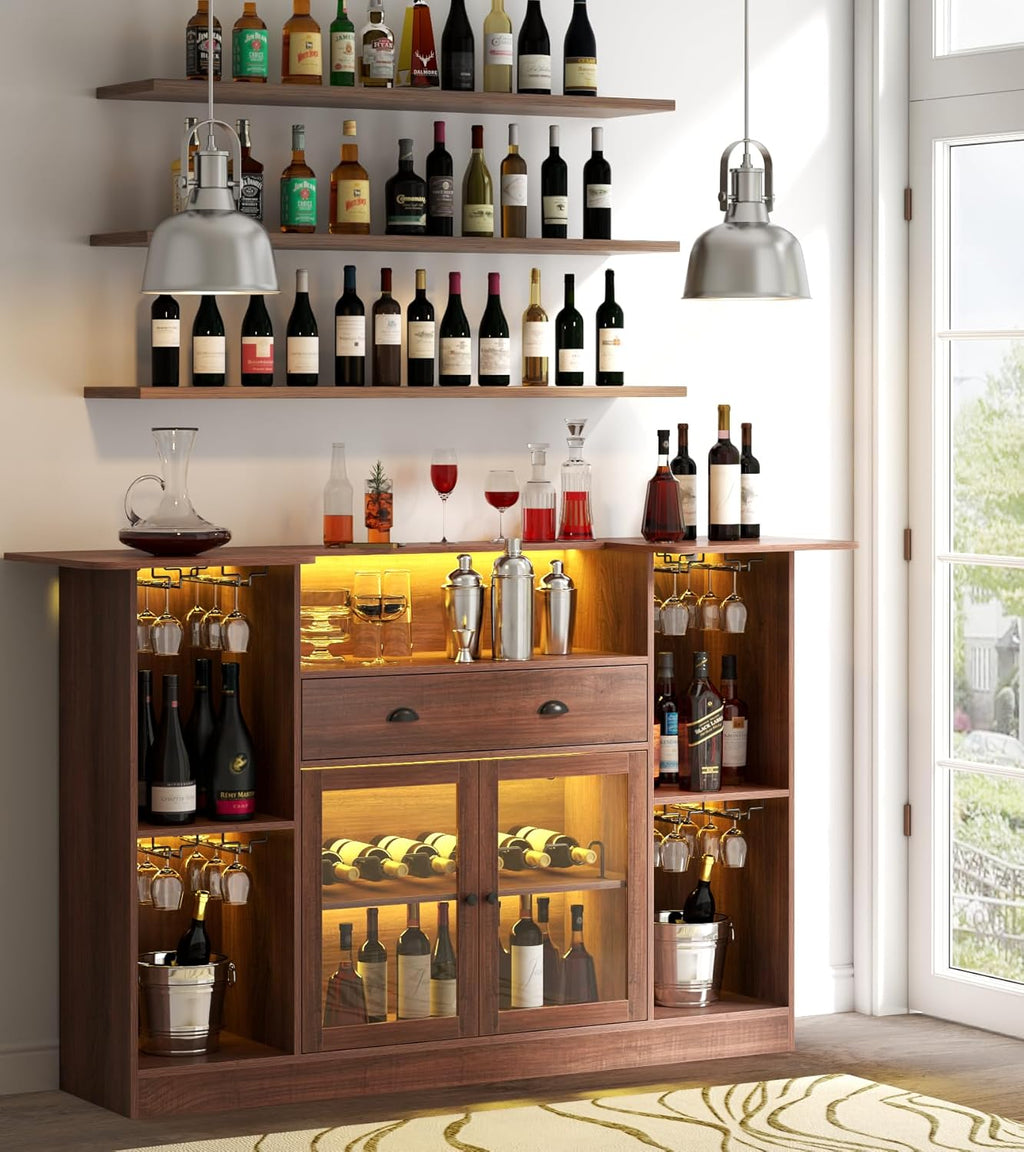 Loomie Bar Table Cabinet with LED &amp; Drawer,Mini Liquor Bar with 8-Tier Storage&amp;Stemware Holder