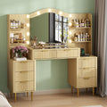 55” Fluted Makeup Vanity Desk with Mirror, Vanity Table w/ Glass Top