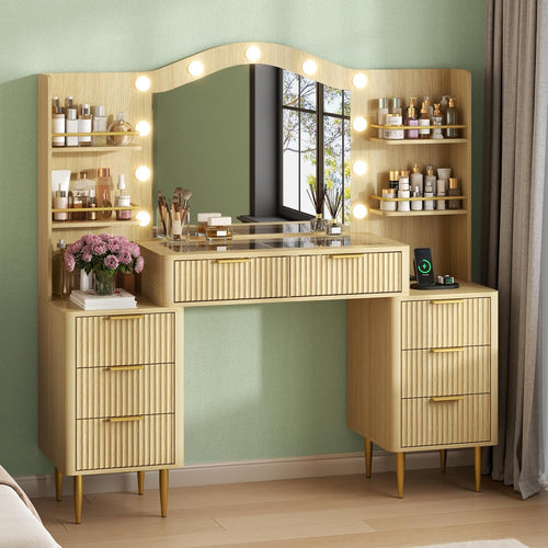 55” Fluted Makeup Vanity Desk with Mirror, Vanity Table w/ Glass Top