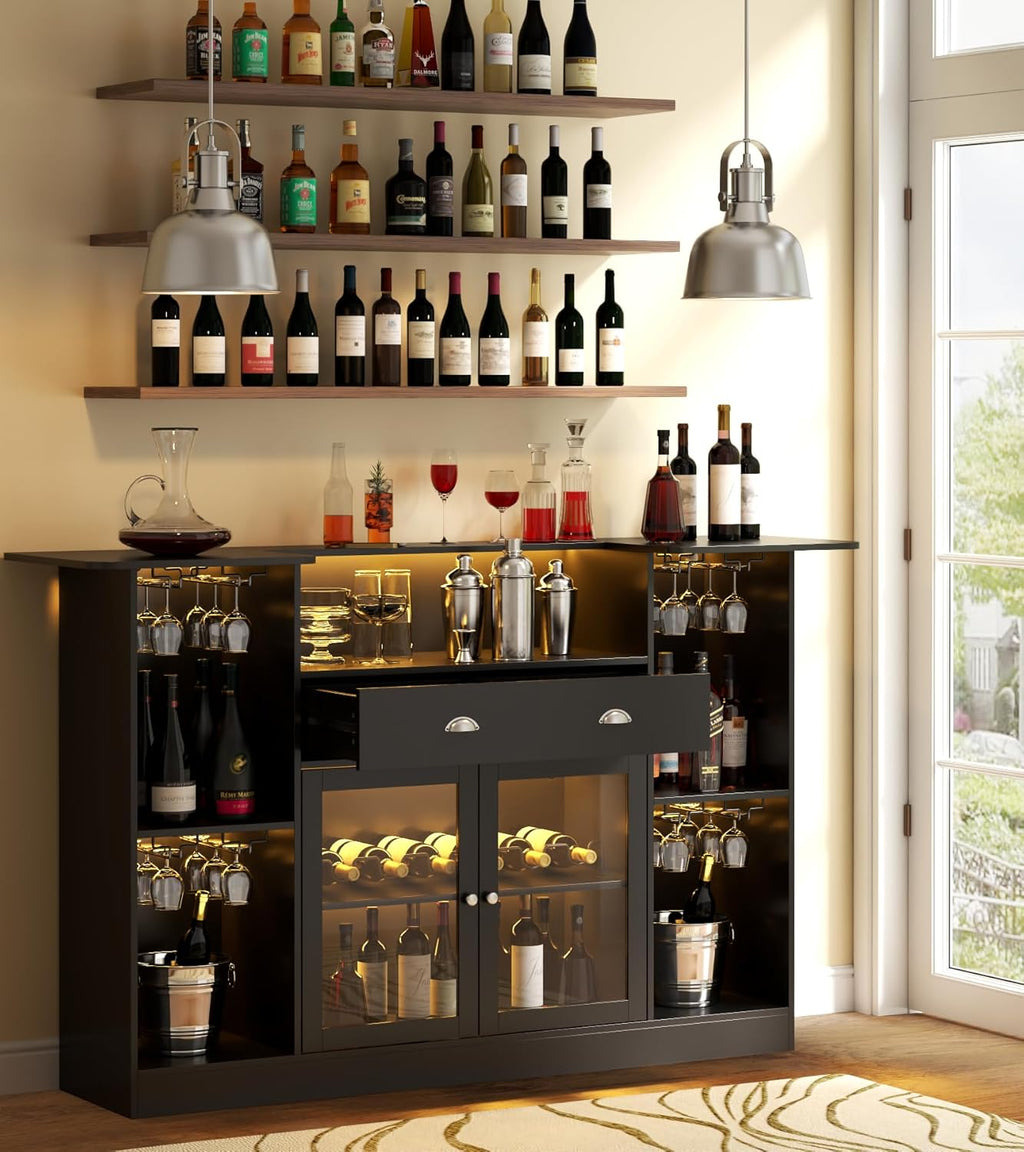 Loomie Bar Table Cabinet with LED &amp; Drawer,Mini Liquor Bar with 8-Tier Storage&amp;Stemware Holder