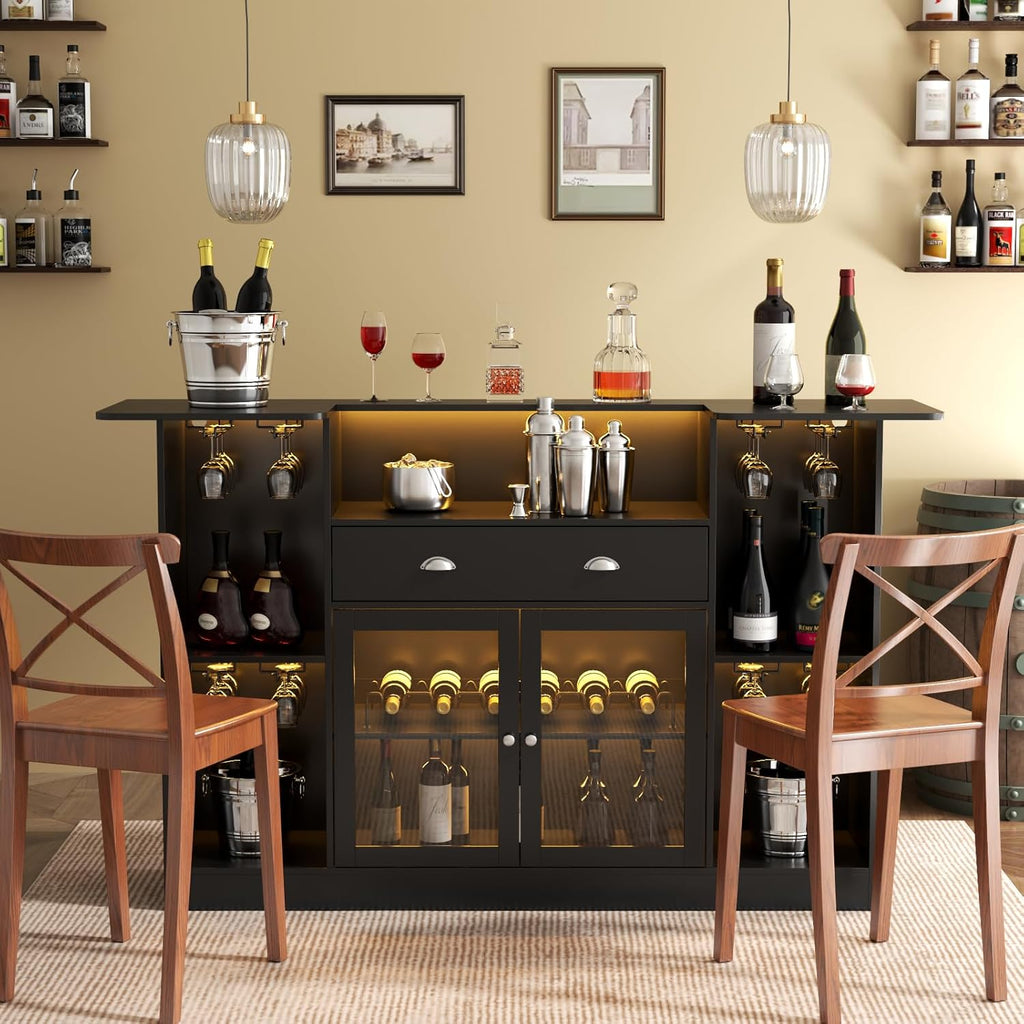Loomie Bar Table Cabinet with LED &amp; Drawer,Mini Liquor Bar with 8-Tier Storage&amp;Stemware Holder