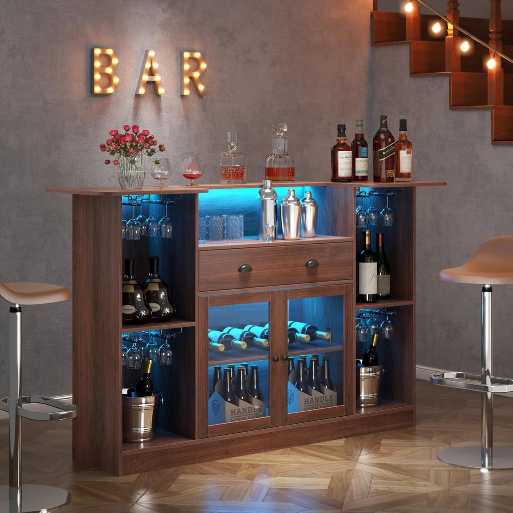 Loomie Bar Table Cabinet with LED &amp; Drawer,Mini Liquor Bar with 8-Tier Storage&amp;Stemware Holder