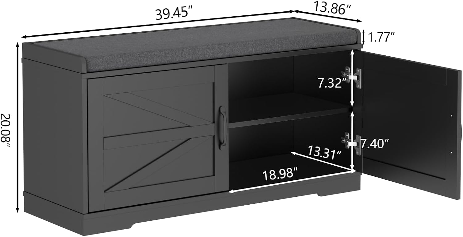 Loomie Shoe Storage Bench, 2-Tier Farmhouse Entryway Bench with Padded Seat Cushion, 13.78" D x 39.37" W x 19.69" H, Slim Shoe Cabinet Bench for Entryway, Living Room, Bedroom (Black)