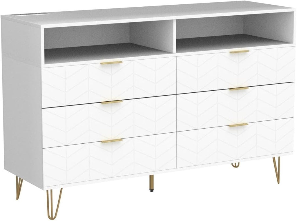 Loomie 6 Drawers Double Dresser with Power Outlet & LED Light,White Long Dresser Chests of Drawers with Storage Cubby,Wood Wide TV Dresser Stand for up to 55" for Bedroom,Hallway,Entryway