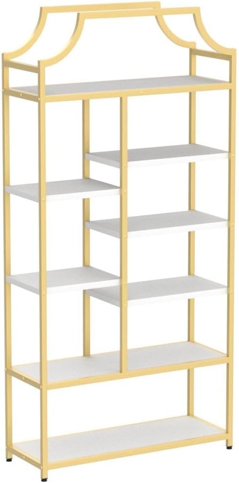 Loomie 8-Open Shelf Bookshelf, 70.87" H x 31.5" L Lux Etagere Bookcase, Tall Storage Display Modern Open Book Case for Bedroom, Home Office & Living Room, Gold Finish Metal Frame & White Shelving