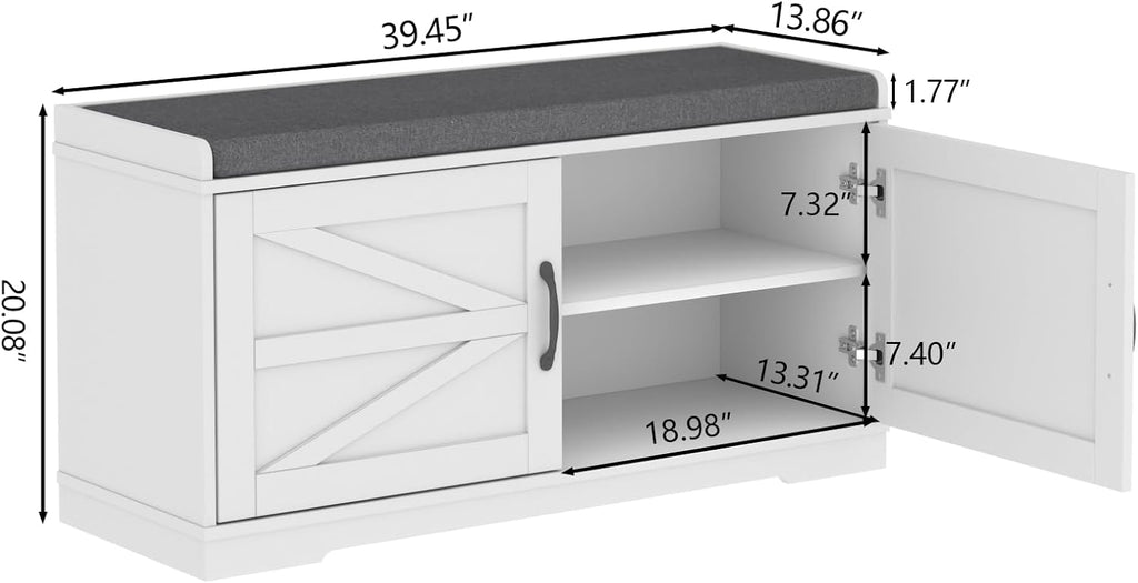Loomie Shoe Storage Bench, 2-Tier Farmhouse Entryway Bench with Padded Seat Cushion, 13.78" D x 39.37" W x 19.69" H, Slim Shoe Cabinet Bench for Entryway, Living Room, Bedroom (White)