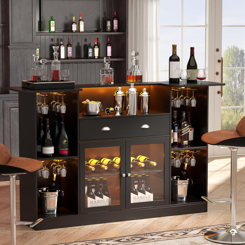Loomie Bar Table Cabinet with LED &amp; Drawer,Mini Liquor Bar with 8-Tier Storage&amp;Stemware Holder