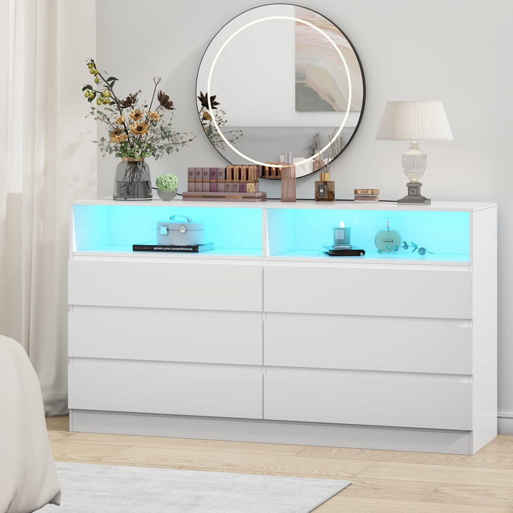 Loomie Drawers Dresser, White Drawer Dresser with Power Outlet, Accent Chests of Drawers with LED Light, Modern Storage Dresser for Bedroom, Living Room (White)