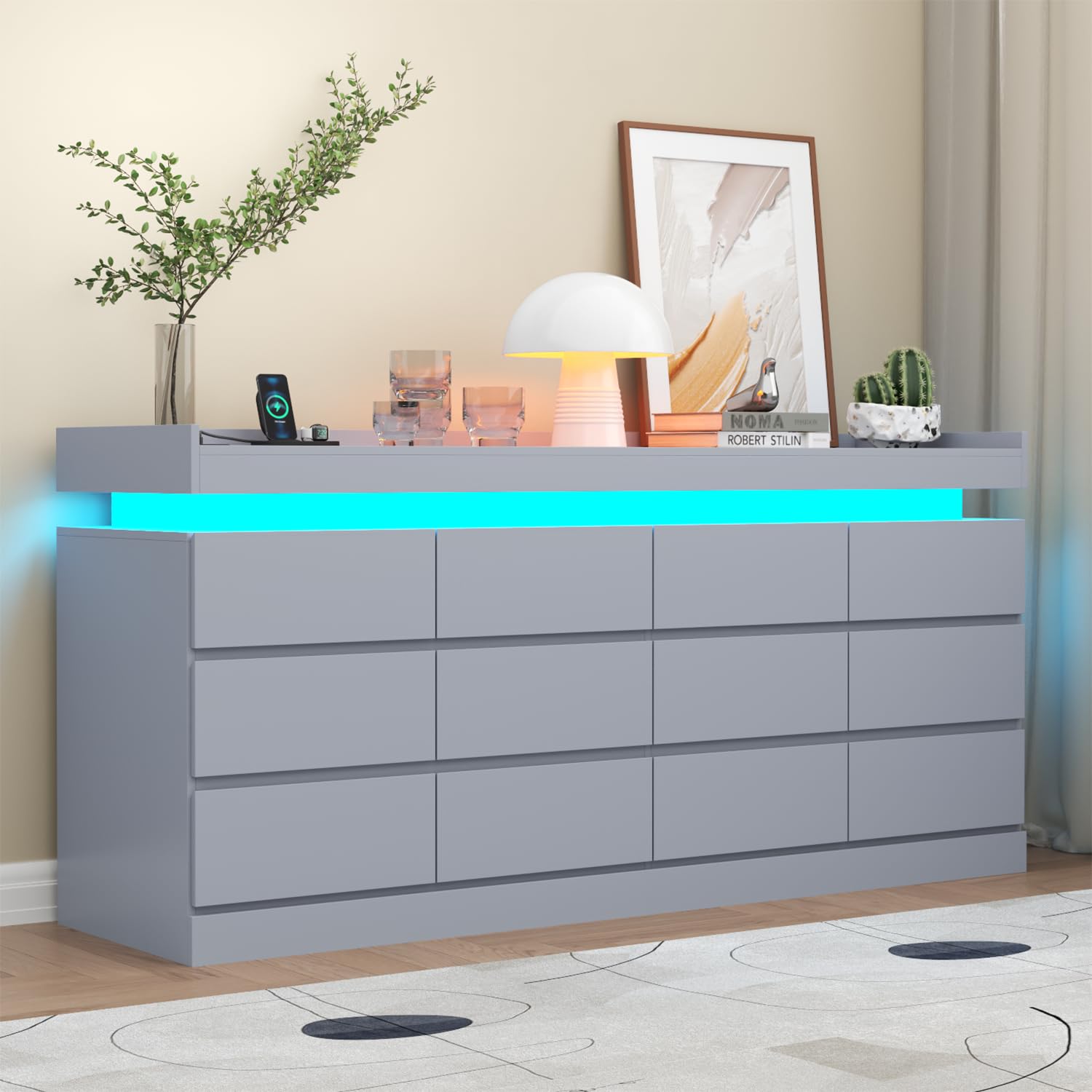 Gyfimoie 9 Drawer Dresser with Power Outlet, Dresser with LED Light, Modern Chest of Drawers for Closet, Double Wide Drawer Organizer Cabinet for Bedroom, Living Room (White, 9 Drawers)