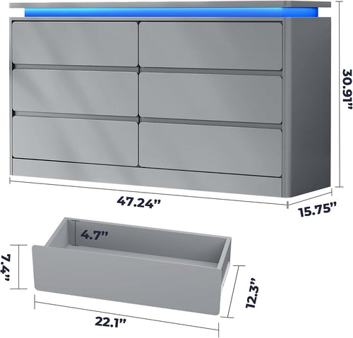 6 Drawer Dresser for Bedroom,47.24" Long Grey Chest of Drawers w/LED Lights