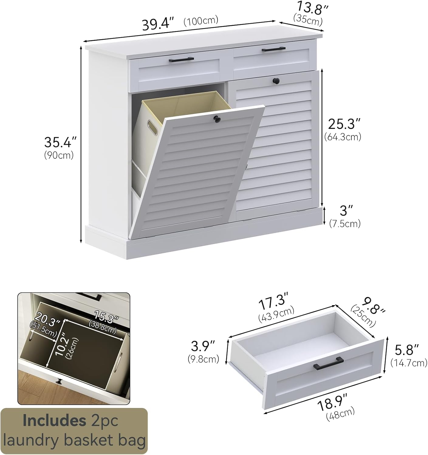 Double Tilt Out Laundry Hamper Cabinet, 30 Gallon Trash Can Cabinet with Shutter Front & 2 Drawers, Hidden Garbage Can Bin Cabinets with 2 Laundry Storage Basket for Bathroom, Kitchen (White, Full)