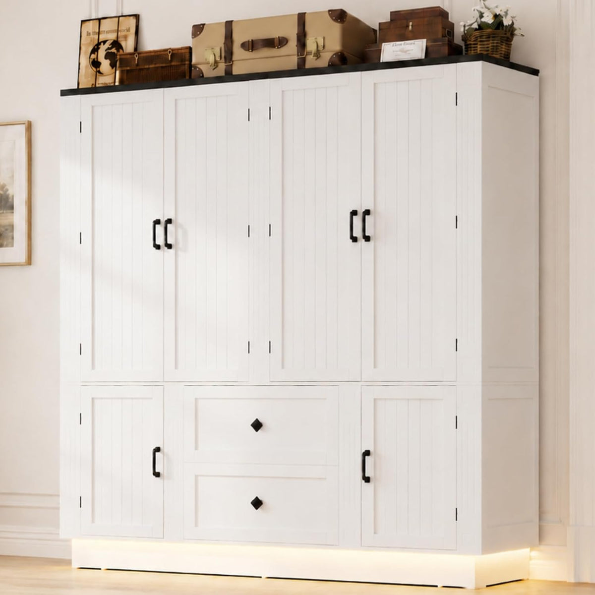 Loomie 71" H White Wooden Armoire Wardrobe Closet with 6 Doors, LED lisght