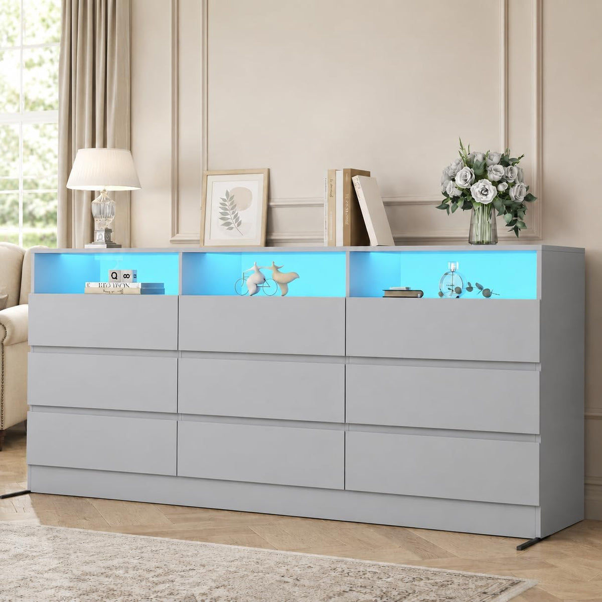63"Wide 9 Drawer Dresser for Bedroom with LED Lights & Power Outlet
