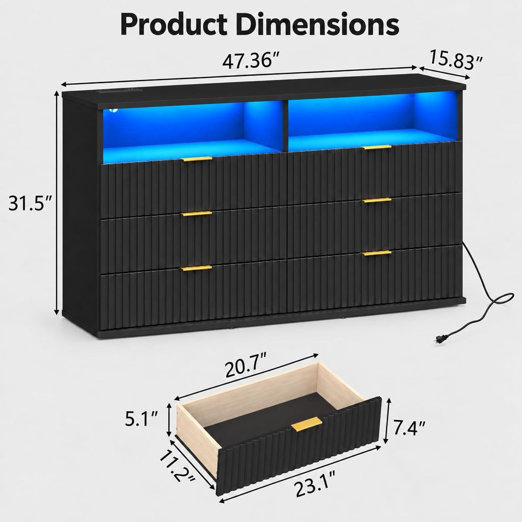 Fluted 6-Drawer Dresser for bedroom w/LED Light & Power Outlet, Black
