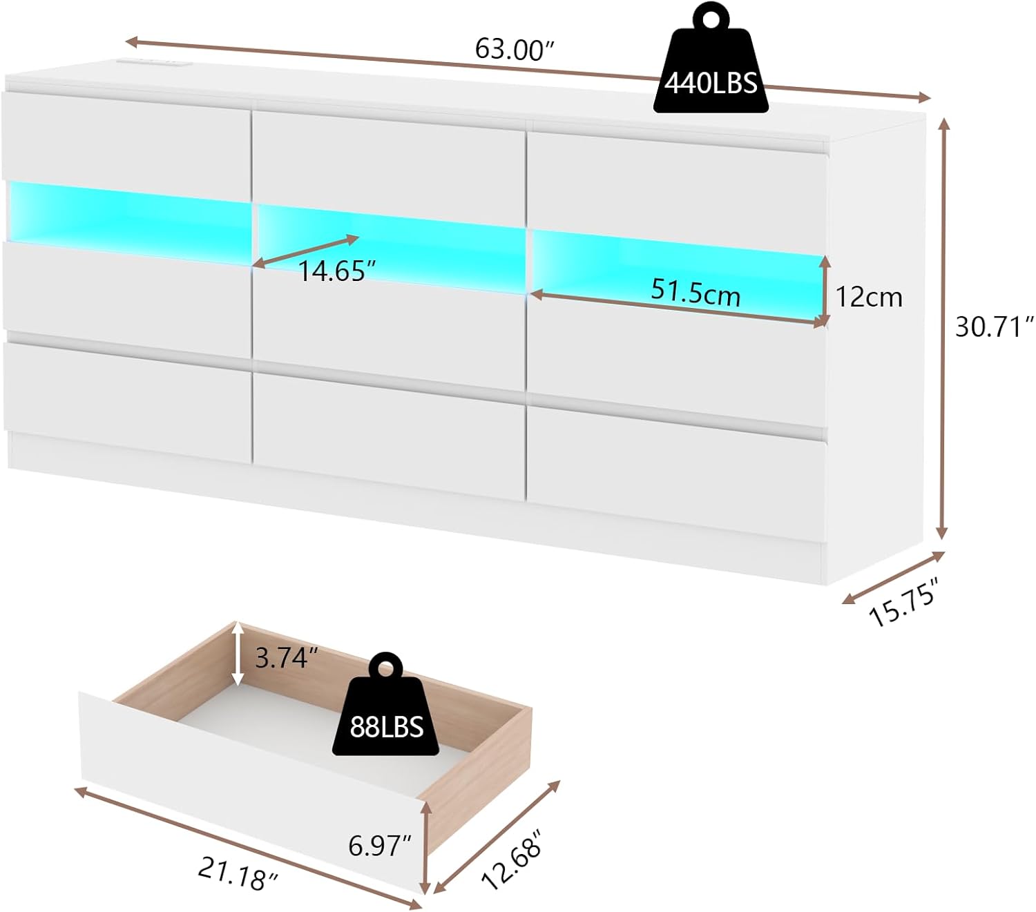 Loomie 9 Drawer Triple Dresser with Charging Station & Led Lights for Bedroom,Long 63" White Dresser TV Stand for TVs up to 75",Wide Large Drawer Dressers Organizer with 3 Open Cubbies for Hallway