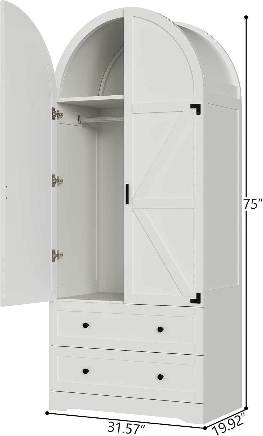 Gyfimoie 75" Armoire Wardrobe Closet with 2 Drawers and 2 Doors, Tall Bedroom Freestanding Armoire Storage Cabinet with Shelves, Wood Large Wardrobe Combination for Hanging Clothes (White)