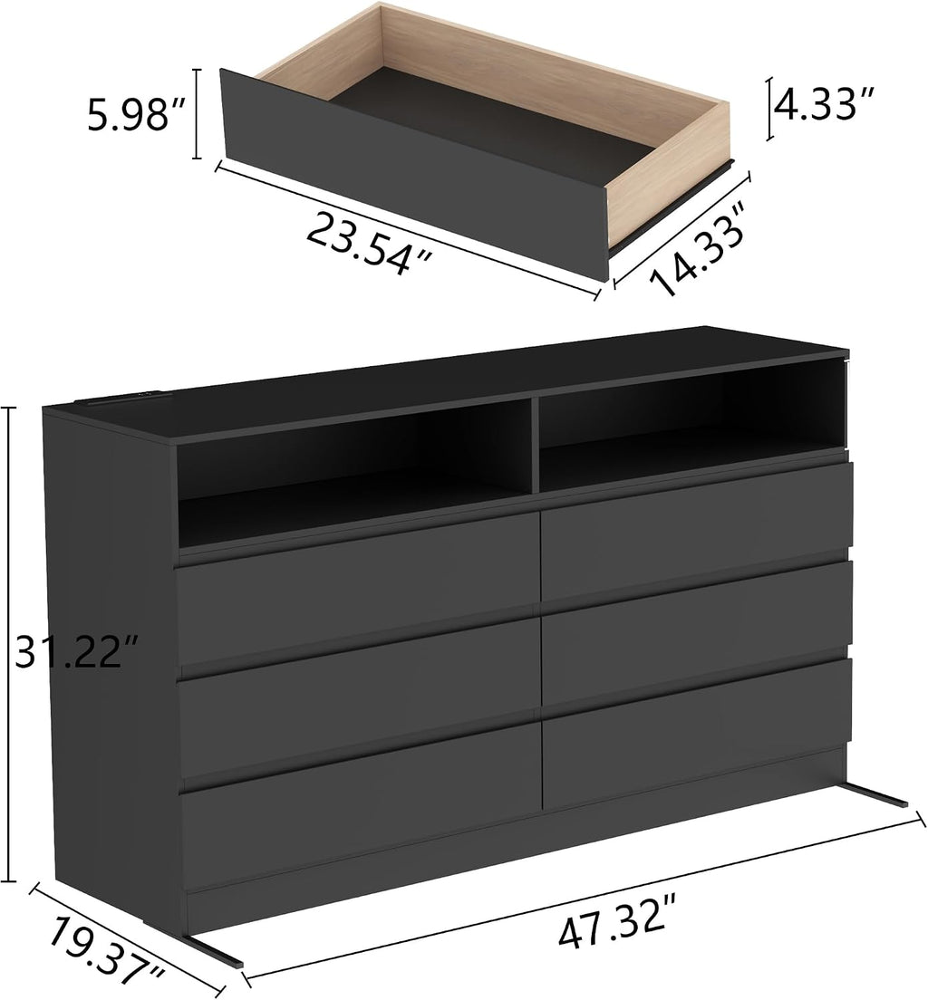 Loomie 6 Drawer Dresser for Bedroom, Wide Chest of Drawers with Charging Station and LED Lights, Traditional Bedroom Furniture, Modern Storage Dresser TV Stand for Living Room (Black)