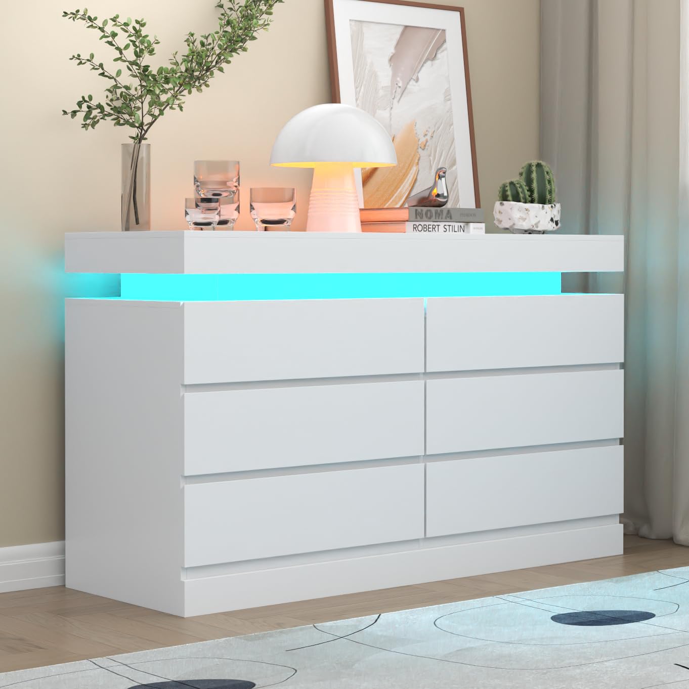 Gyfimoie 9 Drawer Dresser with Power Outlet, Dresser with LED Light, Modern Chest of Drawers for Closet, Double Wide Drawer Organizer Cabinet for Bedroom, Living Room (White, 9 Drawers)