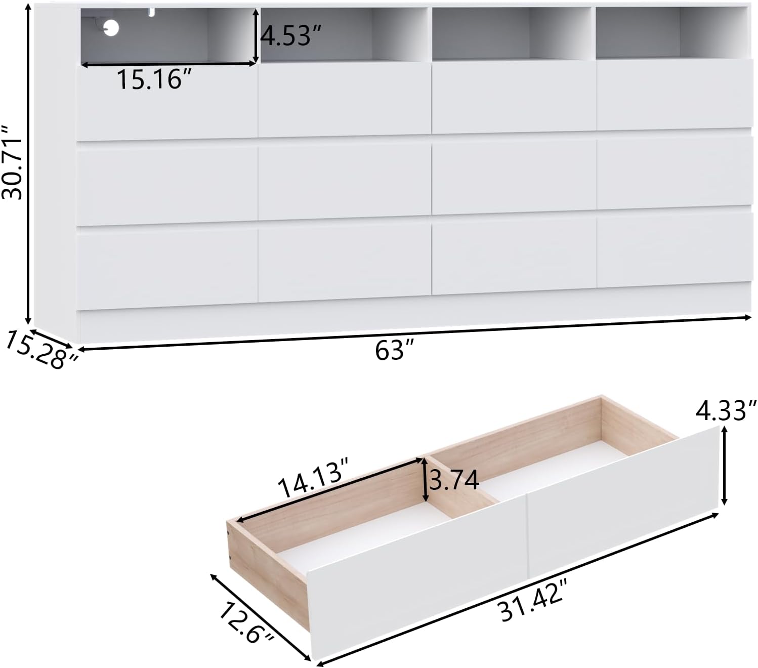 Loomie 12-Cell Divided Drawers White Dresser with Charging Station & Led Lights for Bedroom, Long 63" Wide Dresser TV Stand for TVs up to 75", Large Dressers Organizer with 4 Open Cubbies