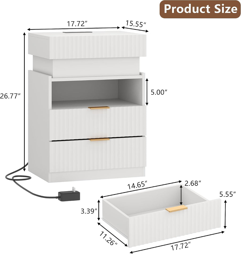 Night Stand with Wireless Charging Station, White Bedside Table with Hidden Gun Drawer & LED Lights, Modern End Table with 2 Drawers, Fluted Nightstands with Open Storage Shelf for Bedroom