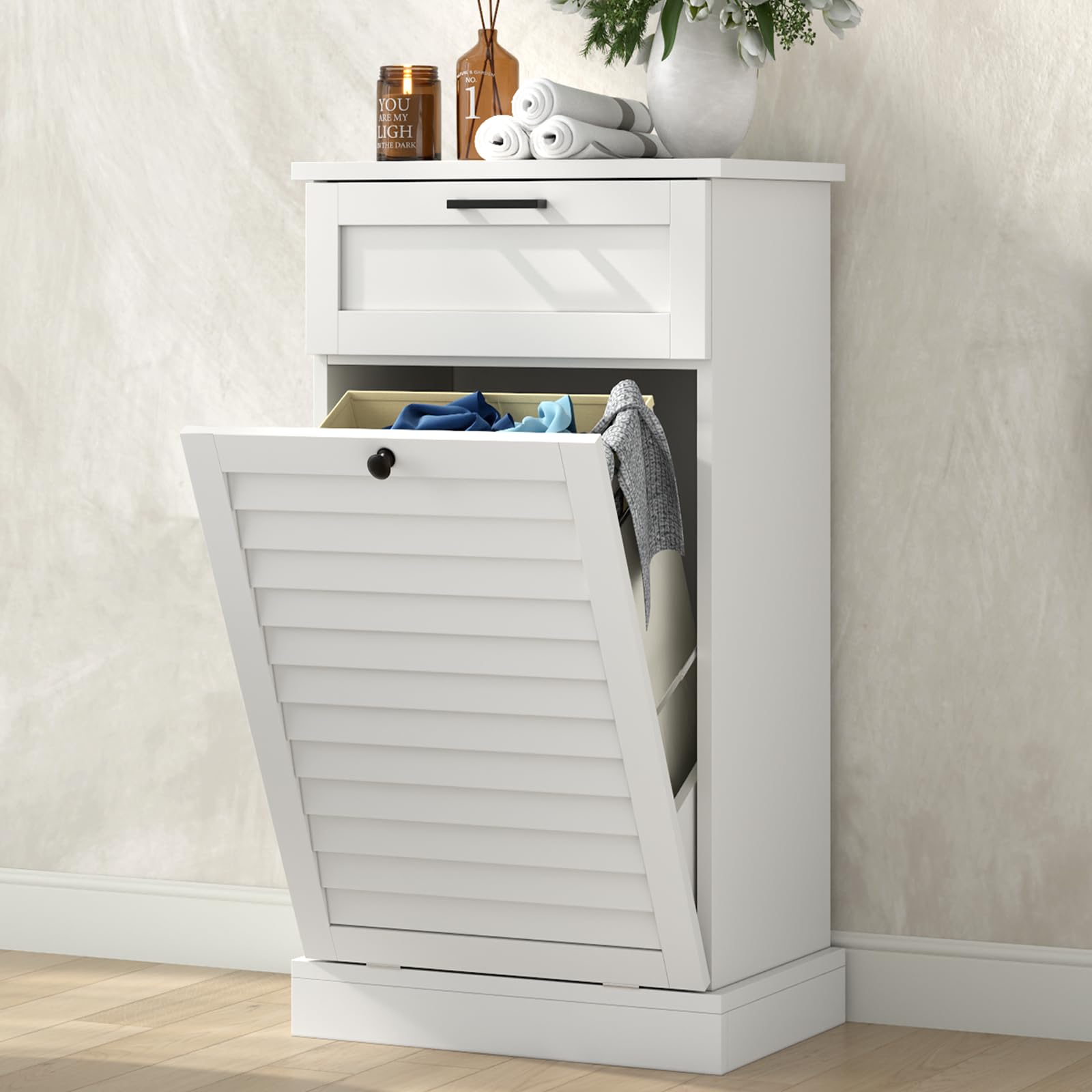 Double Tilt Out Laundry Hamper Cabinet, 30 Gallon Trash Can Cabinet with Shutter Front & 2 Drawers, Hidden Garbage Can Bin Cabinets with 2 Laundry Storage Basket for Bathroom, Kitchen (White, Full)