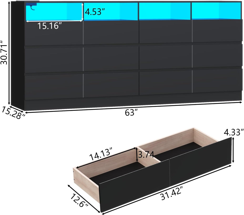 Loomie 12-Cell Divided Drawers Black Dresser with Charging Station & Led Lights for Bedroom, Long 63" Wide Dresser TV Stand for TVs up to 75", Large Dressers Organizer with 4 Open Cubbies