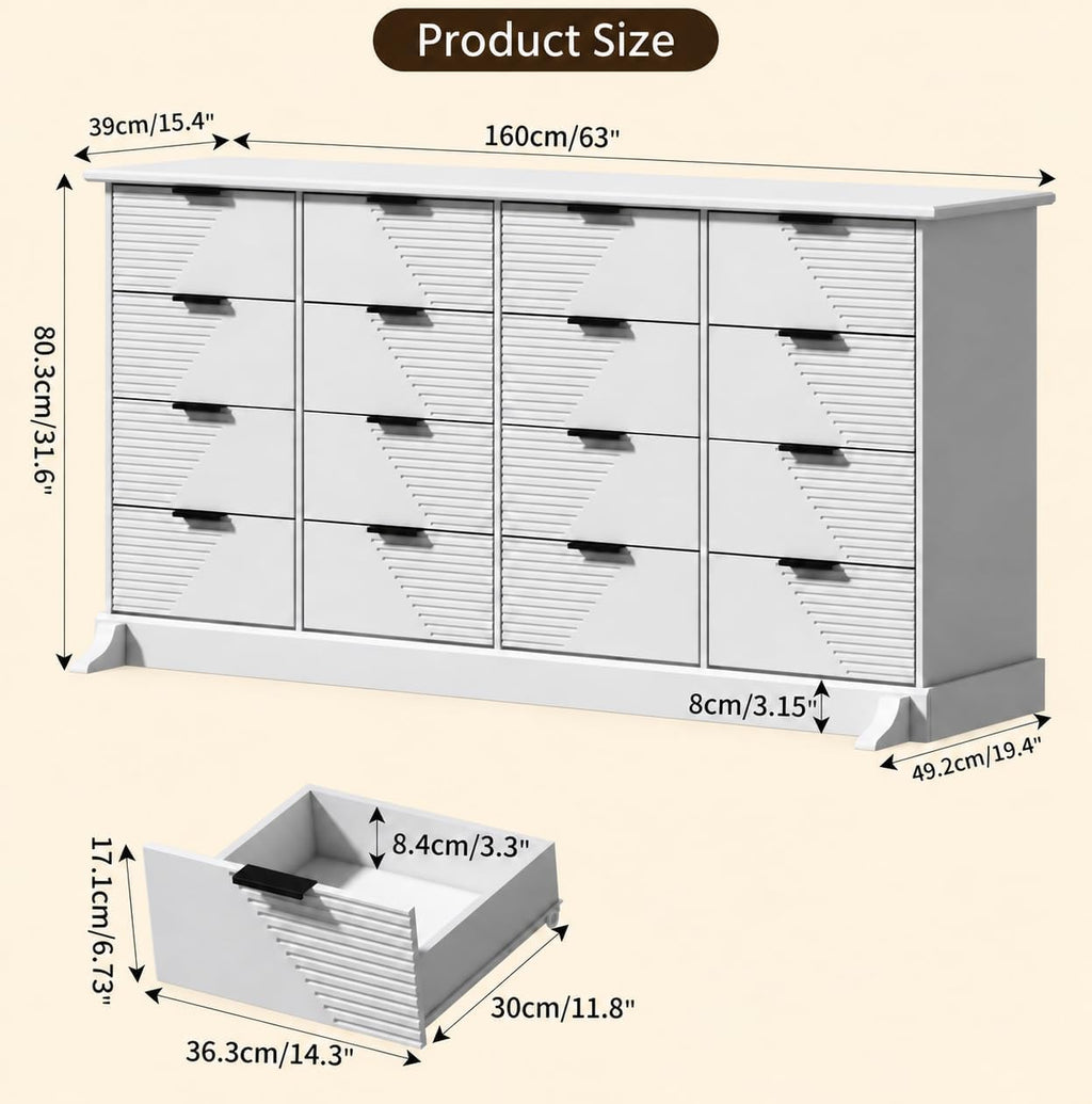 Loomie 16-Drawer Dresser for Bedroom, 63-Inch Wide White Dresser