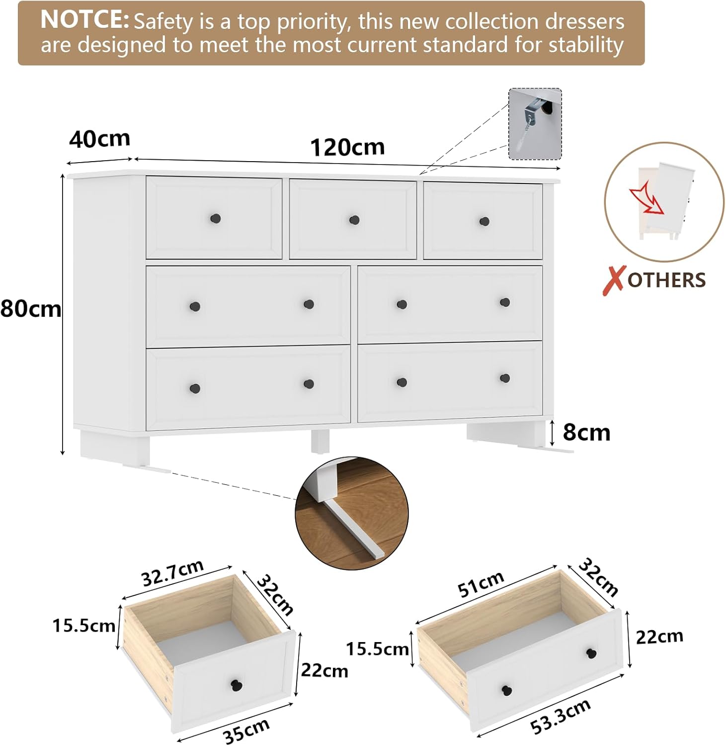 Farmhouse 7 Drawers Dresser for Bedroom, White Dresser Chest of Drawers, Wood Storage Dressers with Deep Drawers and Metal Handle, Wide Modern Dressers & TV Stand for Living Room, Closet, Hallway