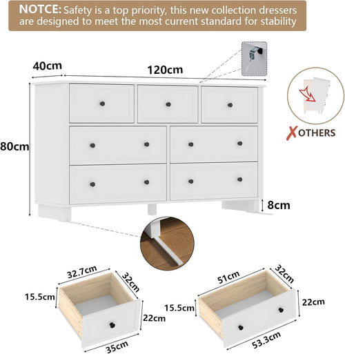 Farmhouse 7 Drawers Dresser for Bedroom, White Dresser Chest of Drawers, Wood Storage Dressers with Deep Drawers and Metal Handle, Wide Modern Dressers & TV Stand for Living Room, Closet, Hallway