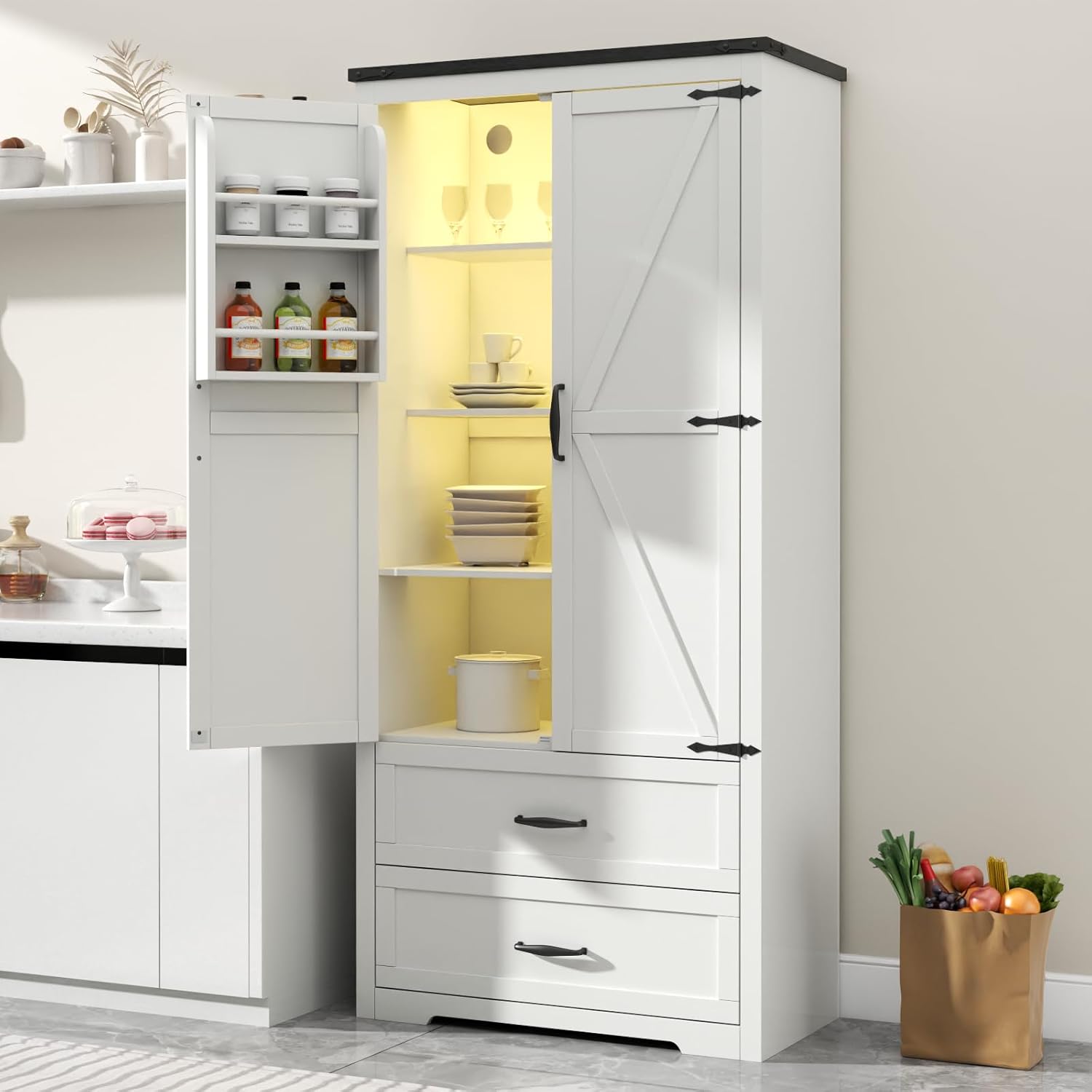 Loomie 71" Tall Farmhouse Kitchen Pantry with Sensor Light & Adjustable Shelves, Large Storage Cabinet with 2 Drawers & Adjustable Shelves, Rustic Wood Cupboard for Dining Room,Bathroom, Living Room