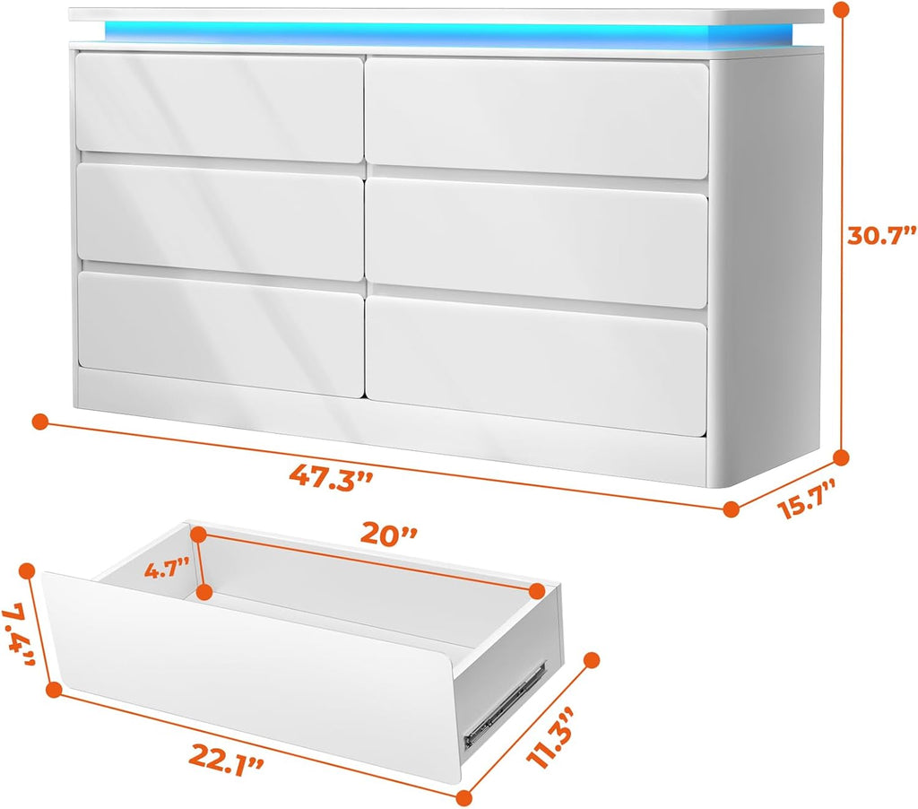 Upgraded 6 Drawer White Dresser for Bedroom, 47.2" Long Chest of Drawers with Charging Station & LED Lights, Wooden Storage Cabinet Dresser for Closet,Modern TV Stand with Deep Drawers
