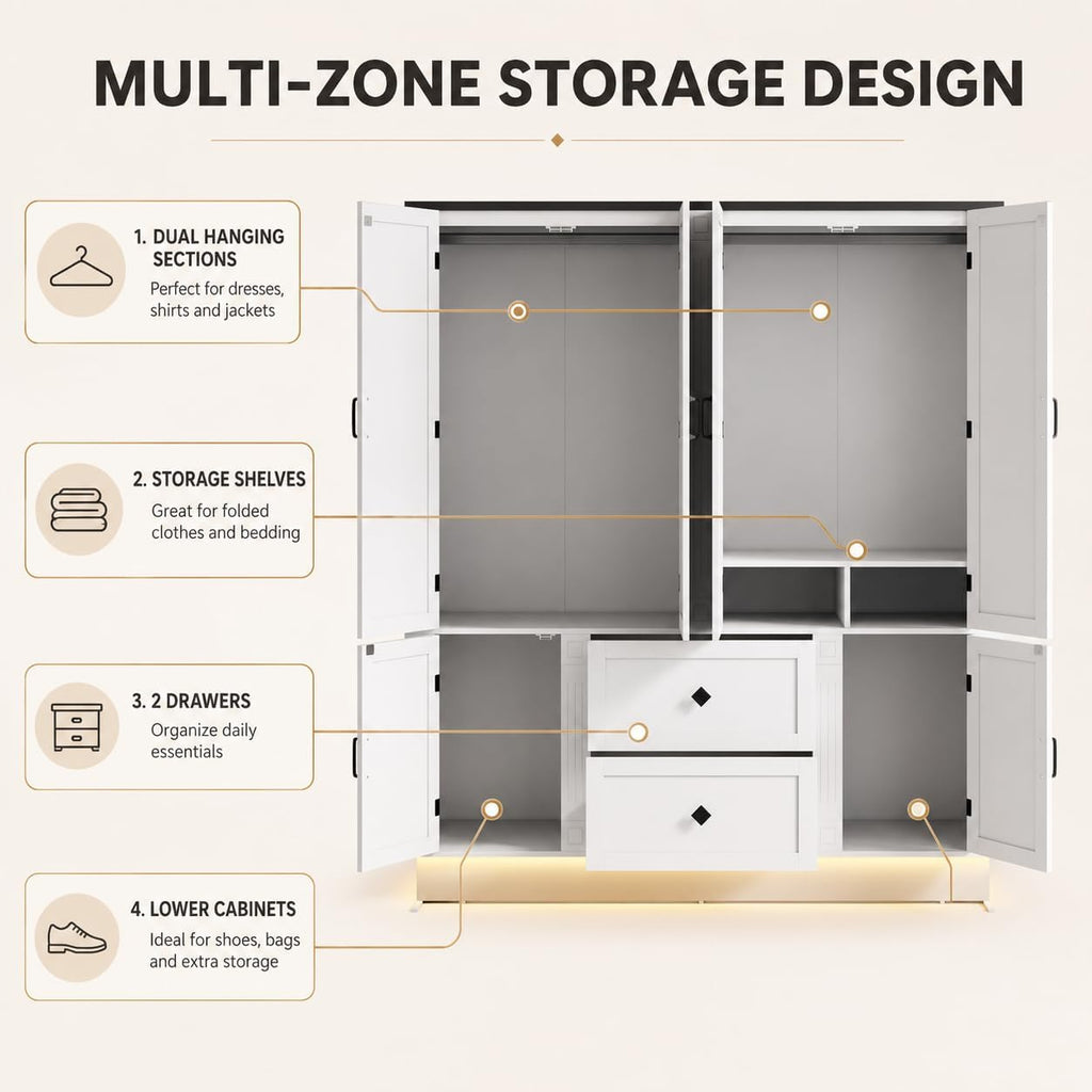 Loomie 71" H White Wooden Armoire Wardrobe Closet with 6 Doors, LED lisght
