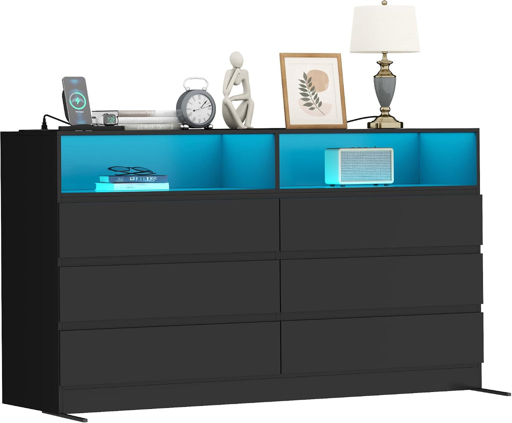 Loomie 6 Drawer Dresser for Bedroom, Wide Chest of Drawers with Charging Station and LED Lights, Traditional Bedroom Furniture, Modern Storage Dresser TV Stand for Living Room (Black)