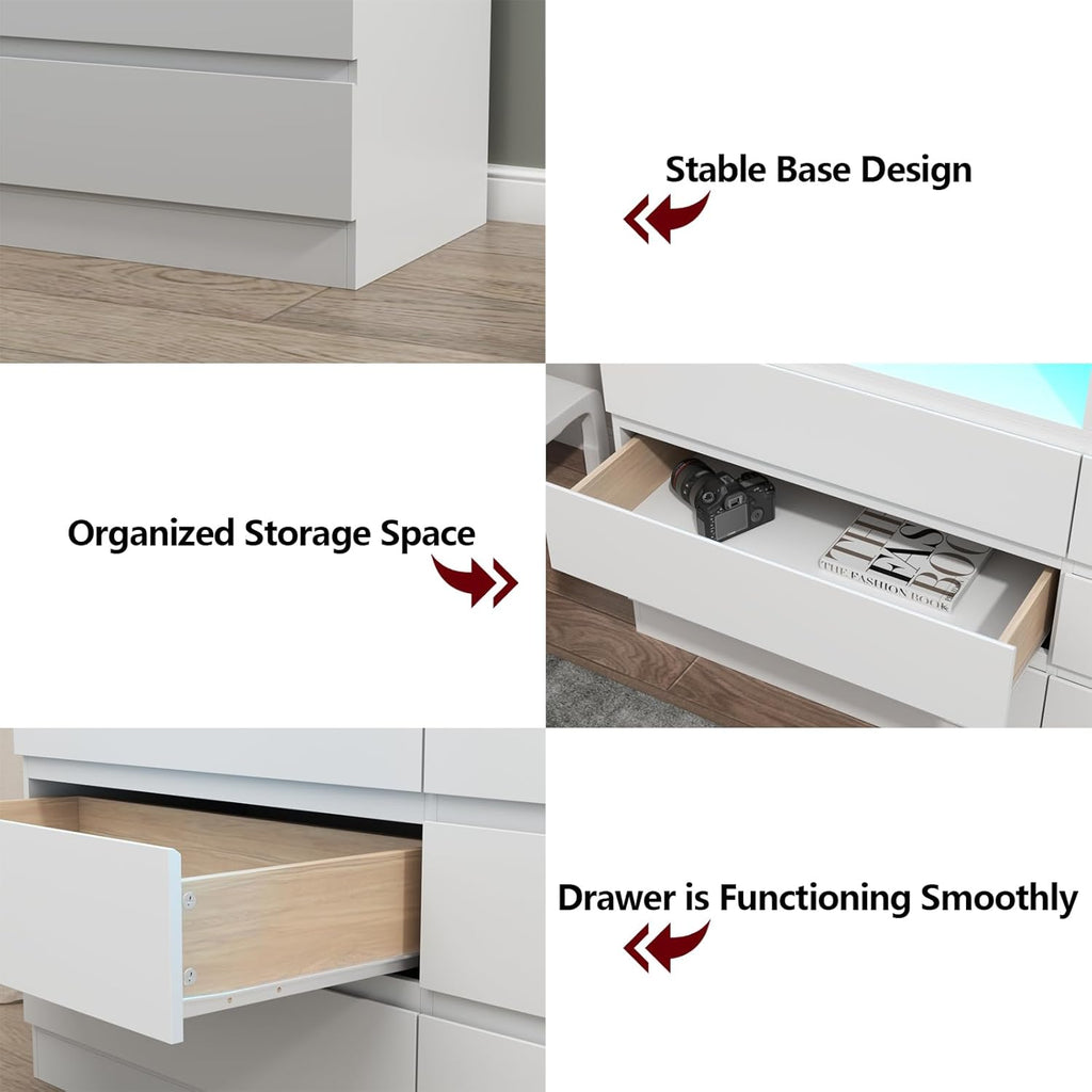 Loomie 6 Drawers Dresser, White Accent Chests of Drawers with Power Outlet and LED Light for Bedroom Living Romm