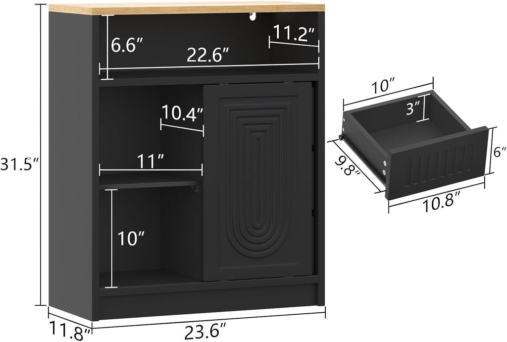 Freestanding Bathroom Storage Cabinet with 3 Drawers & Sliding Door, Black