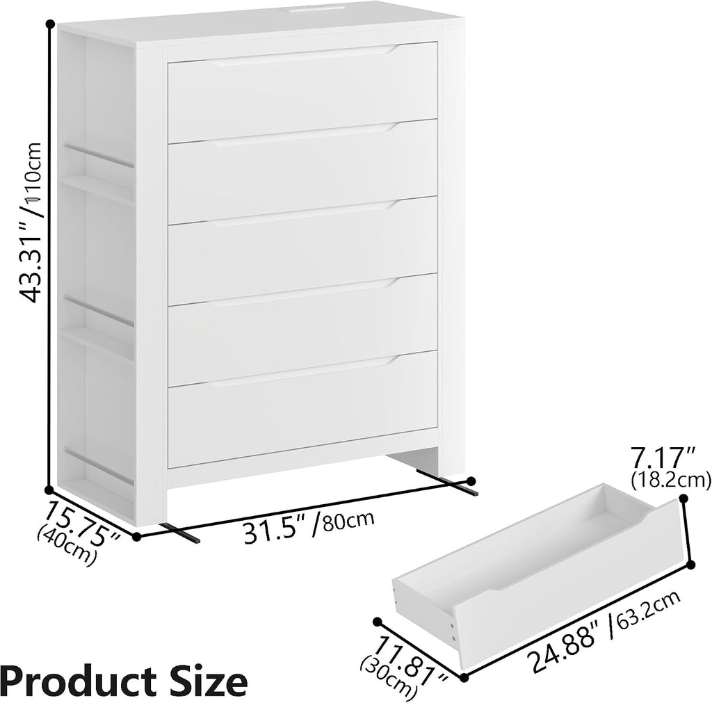 White 5 Drawers Dresser for Bedroom,Tall Modern Dressers & Chest of Drawers w/ Charging Station & LED Lights,Wood Vertical Dresser w/2 Side Storage Racks,Closet Organizer Cabinet for Living Room
