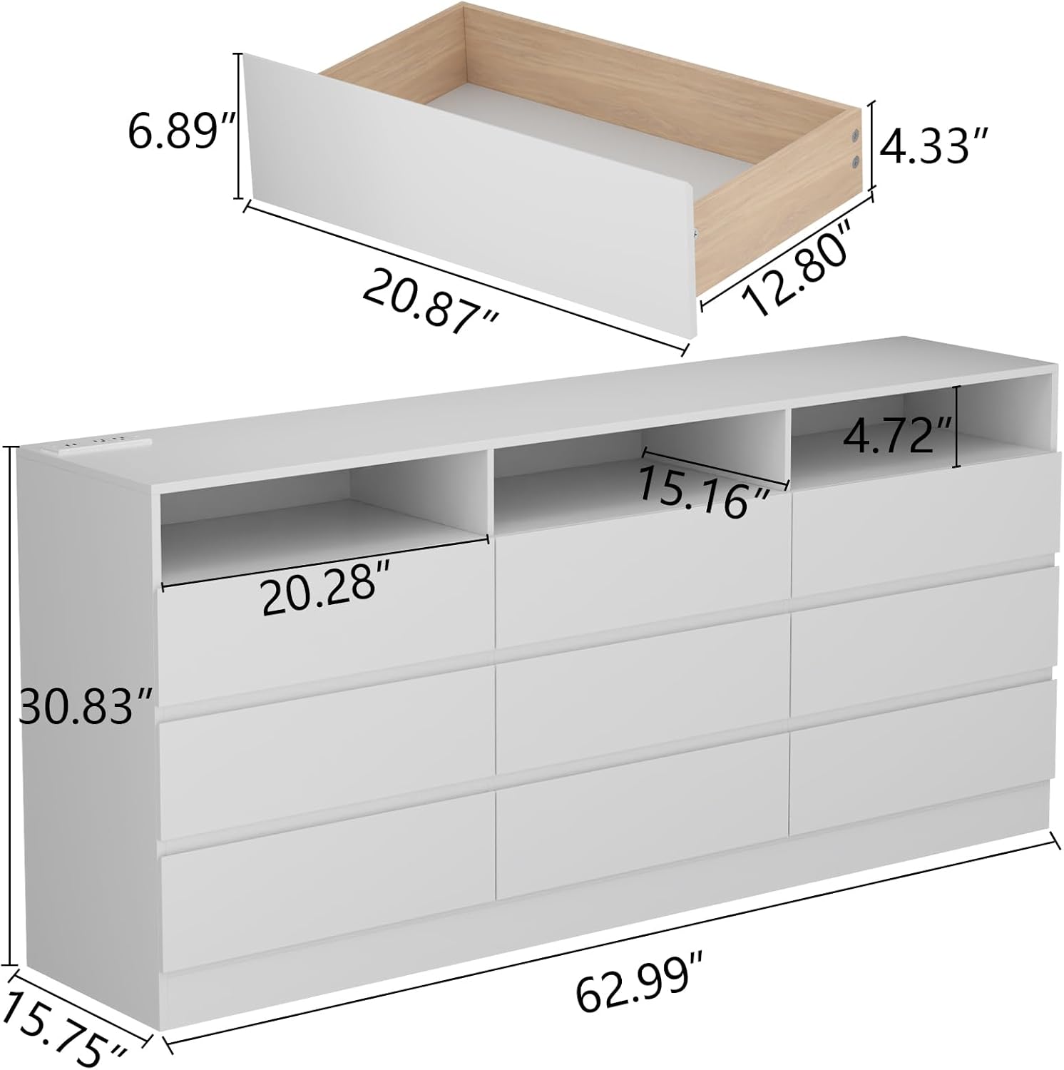 Loomie 9 Drawers Dresser, White Drawer Cabinet with Power Outlet, Accent Chests of Drawers with LED Light, Modern Storage Chest for Bedroom, Living Room (9 Drawers White)