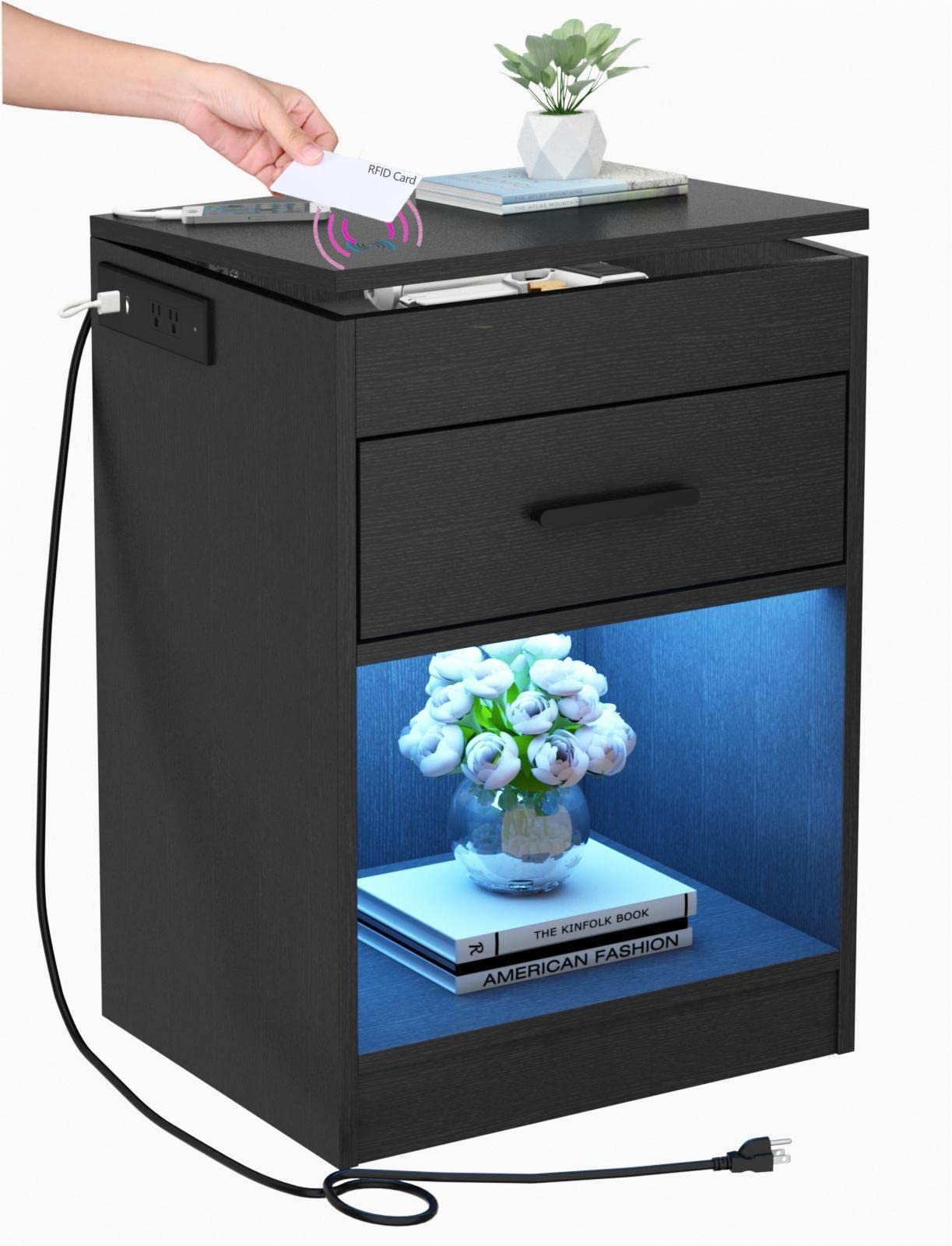 Auromie Nightstand with Charging Station and LED Lights, Concealment Furniture with RFID Lock Cabinet and Power Outlets, Bedside Table with Hidden Compartment for Valuables Storage, White