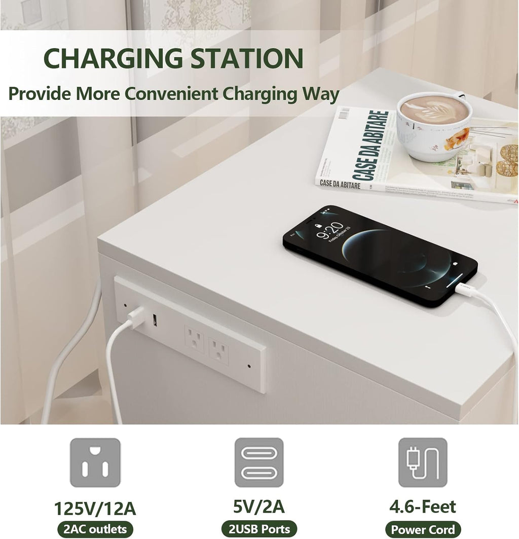 Auromie Nightstand with Charging Station and LED Lights, Concealment Furniture with RFID Lock Cabinet and Power Outlets, Bedside Table with Hidden Compartment for Valuables Storage, White