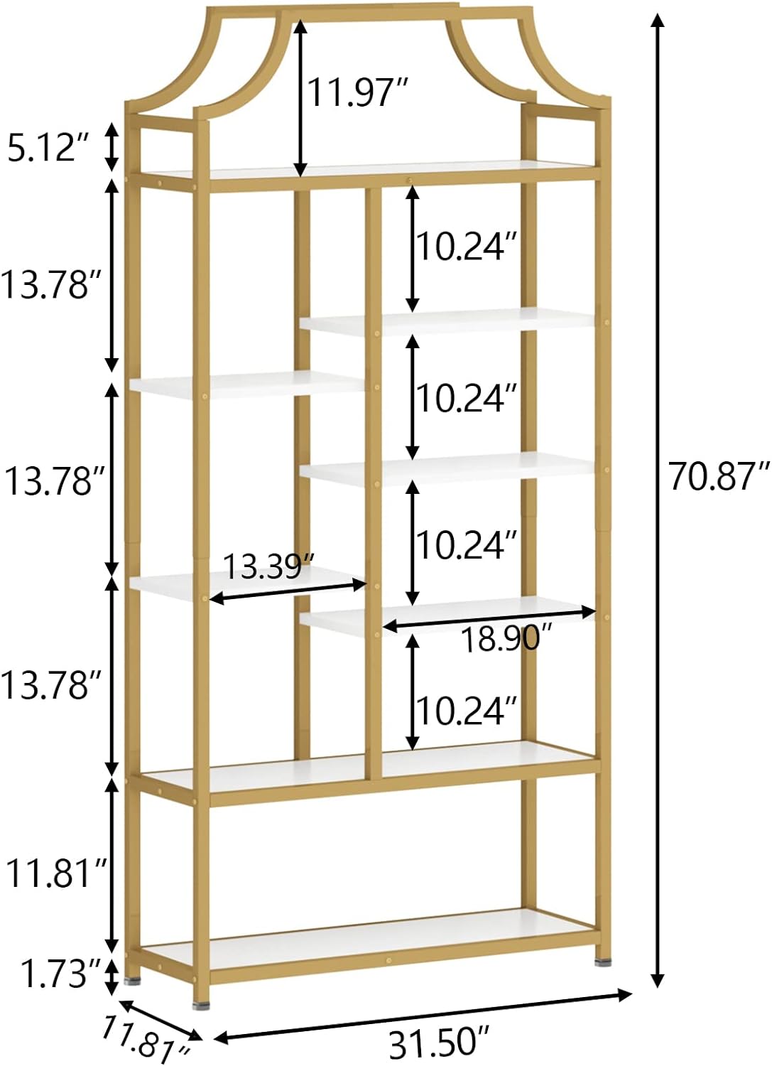 Loomie 8-Open Shelf Bookshelf, 70.87" H x 31.5" L Lux Etagere Bookcase, Tall Storage Display Modern Open Book Case for Bedroom, Home Office & Living Room, Gold Finish Metal Frame & White Shelving