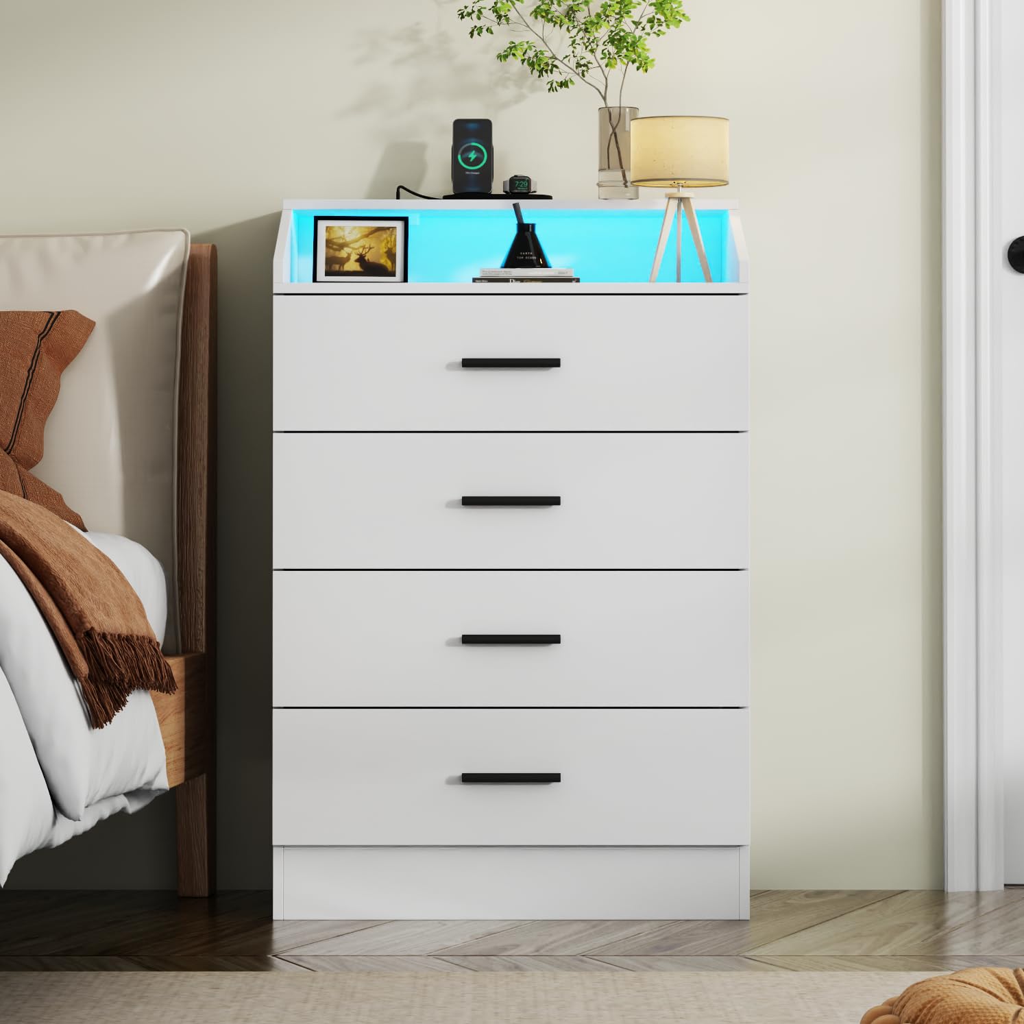 6 Drawer Dresser with Power Outlet, Chest of Drawer with LED Light, Modern Dresser with Open Storage Cubby, Double Wide Dressers Organizer for Bedroom, Living Room, Entryway, Hallway (Grey, 6 Drawers)
