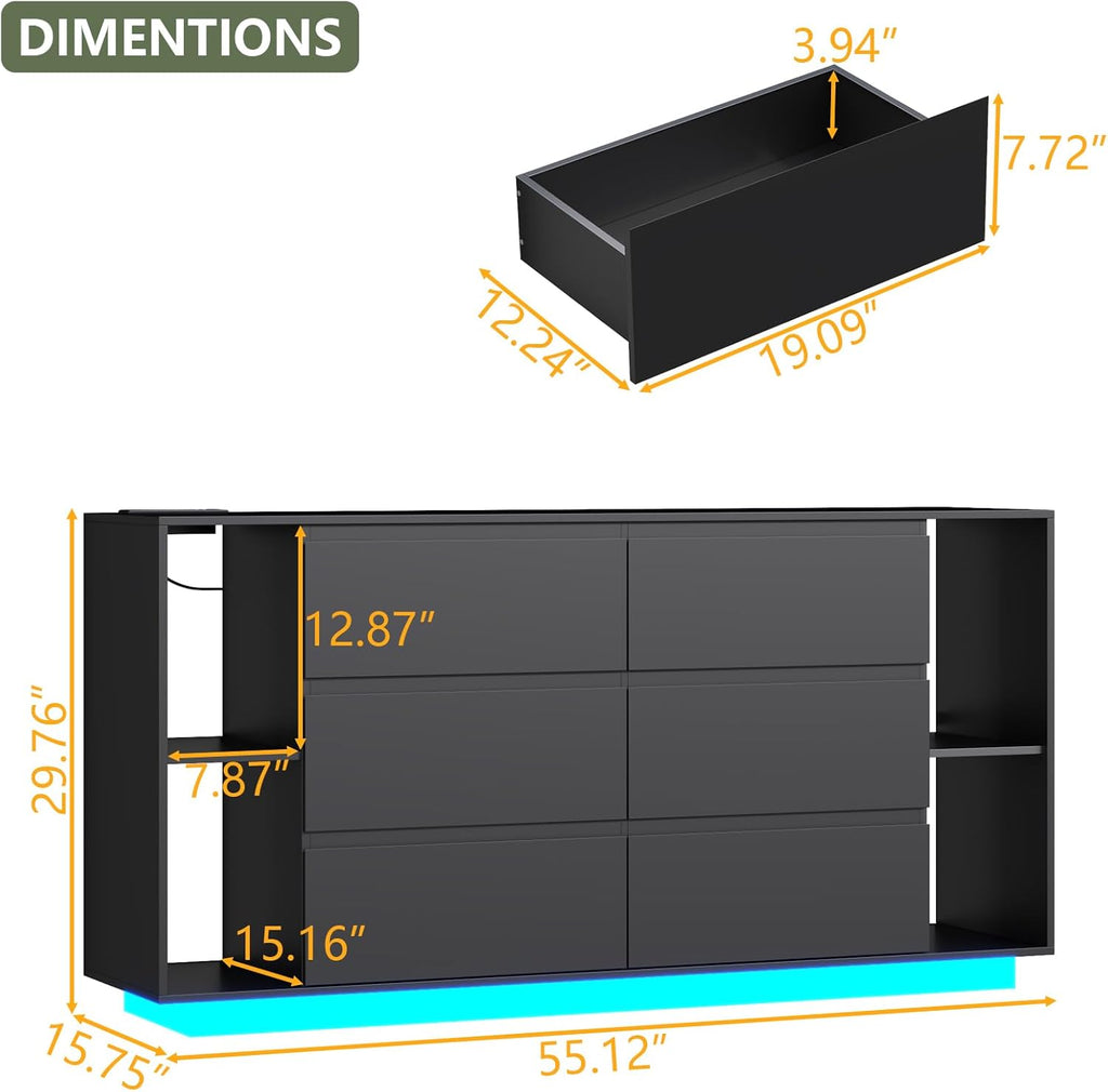Loomie 6 Drawer Dresser for Bedroom, Modern Chest of Drawers with Power Outlet & LED Light, Double Wide Drawer Dresser Organizer Cabinet with Side Storage Shelves for Living Room (Black)