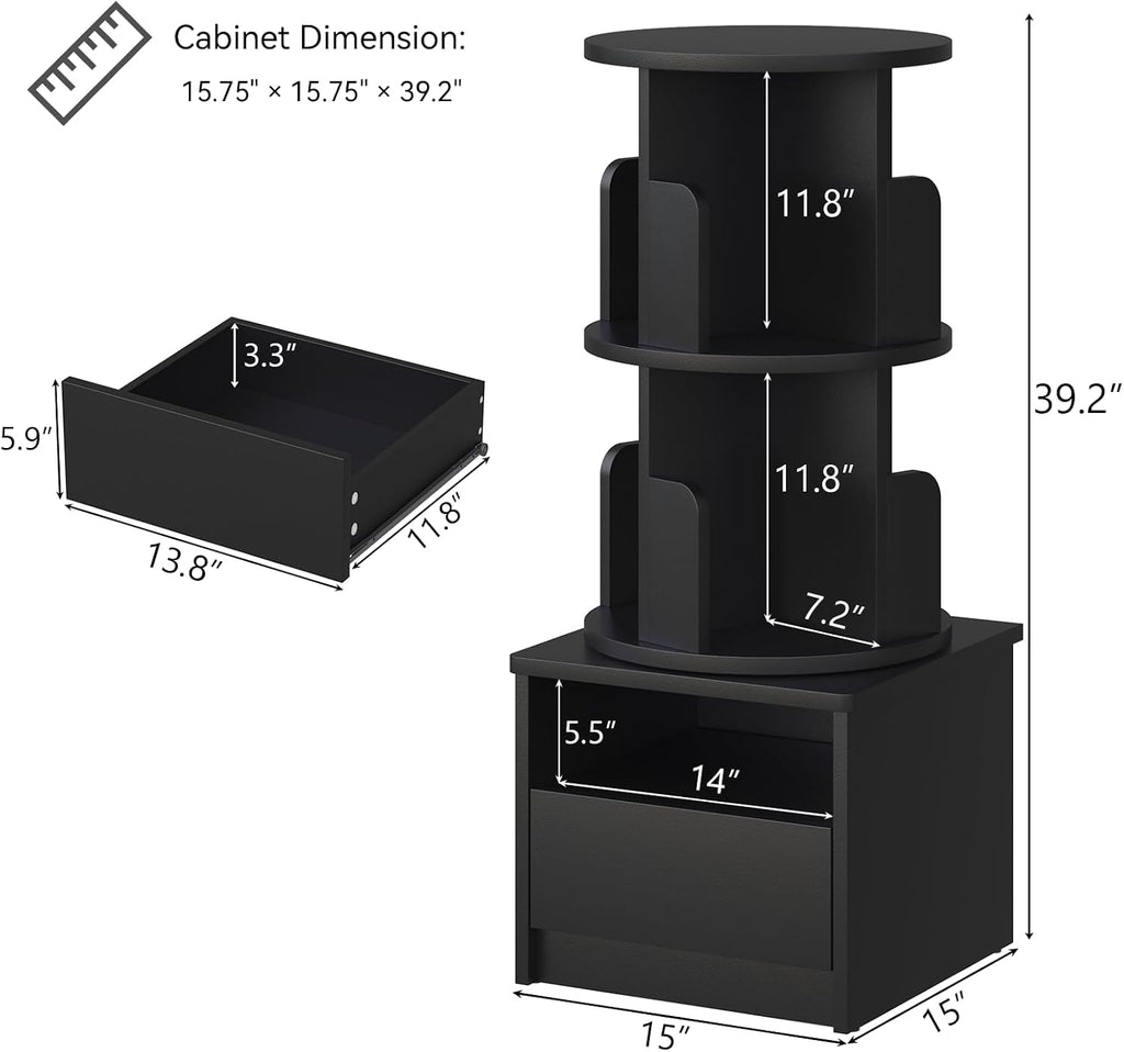 Loomie 39" Tall Nightstand with Drawer, Black Night Stand with 2 Tier Rotating Bookshelf, Bedside Table with Open Storage Shelf, End Side Table for Bedroom