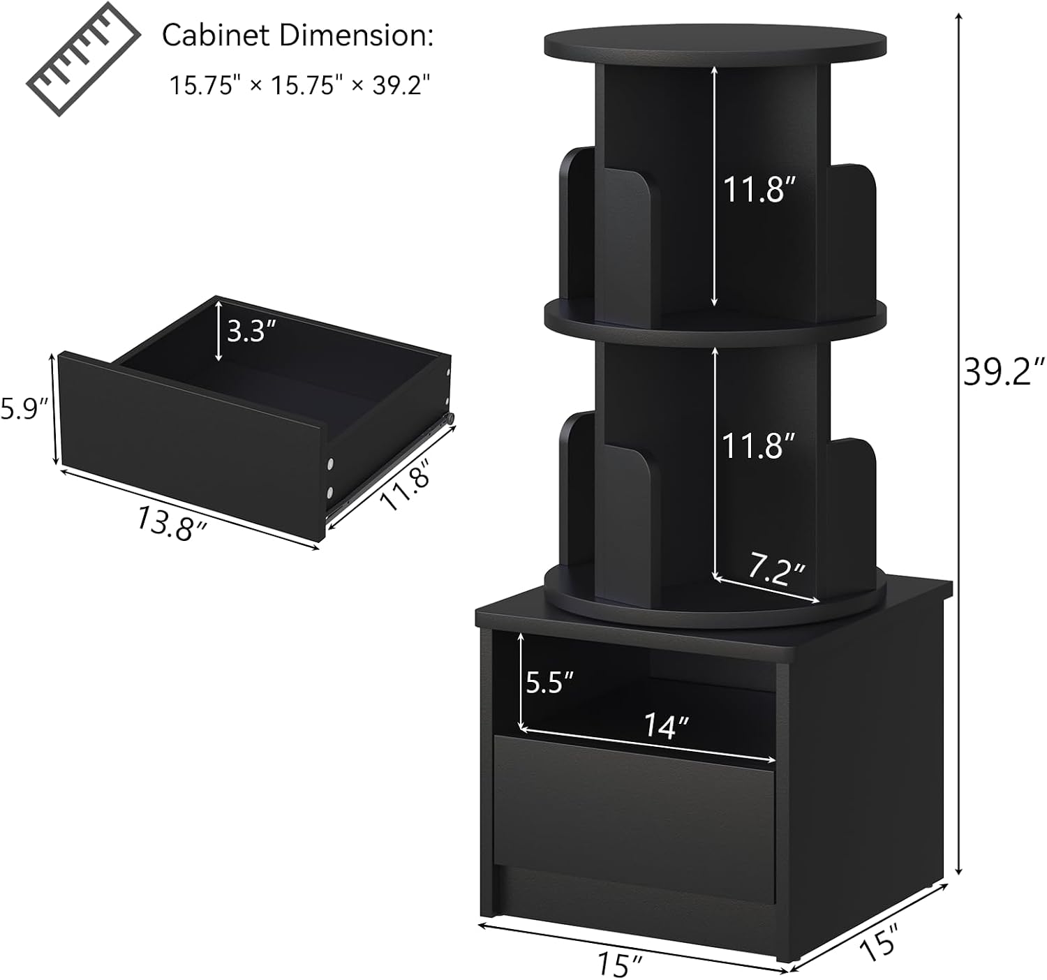 Loomie 39" Tall Nightstand with Drawer, Black Night Stand with 2 Tier Rotating Bookshelf, Bedside Table with Open Storage Shelf, End Side Table for Bedroom