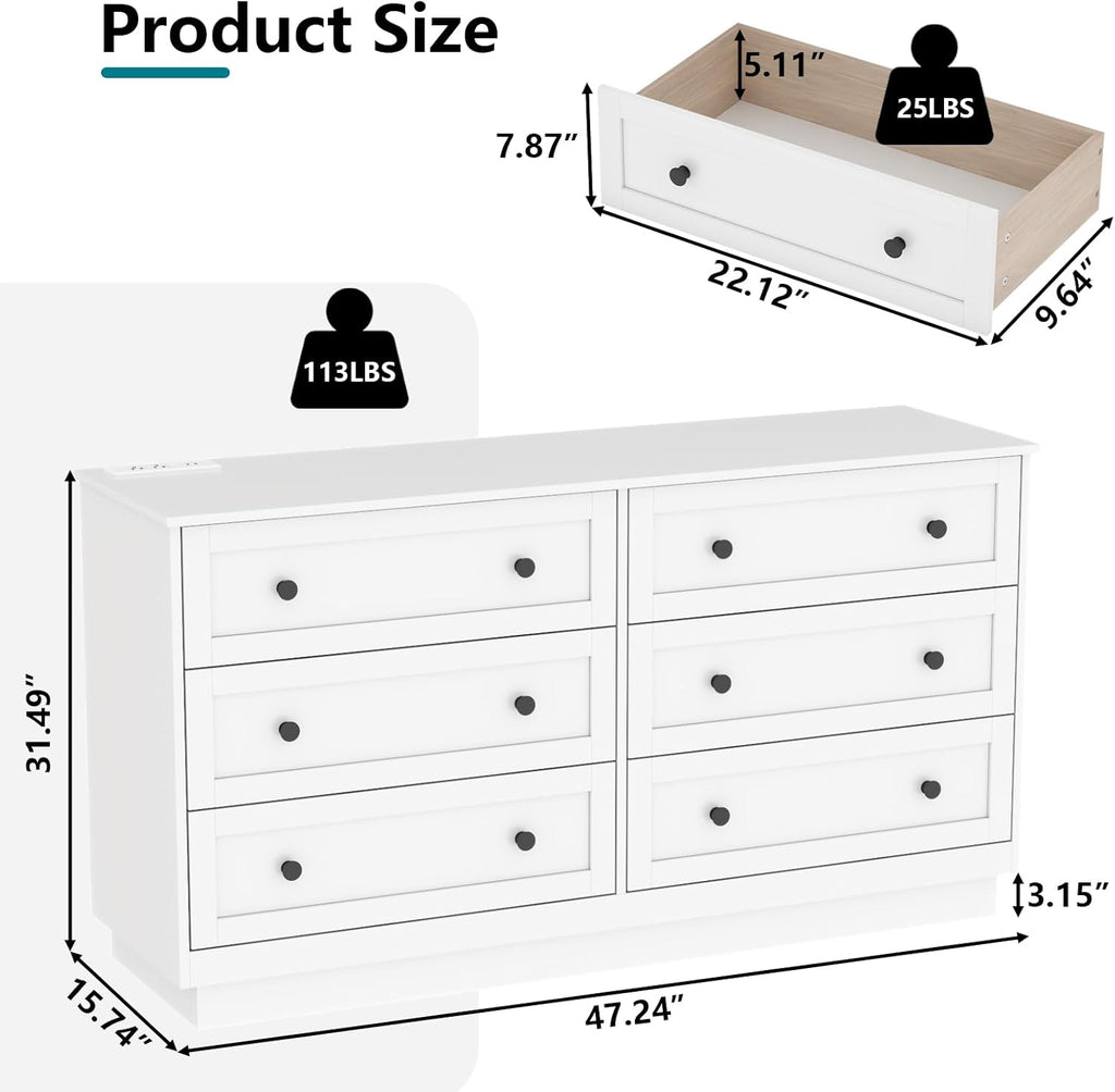 Loomie 6 Drawer Dresser, Modern Drawer Chests with Power Outlet and Led Light, Wide Chest of Drawers for Storage and Organization, White Dresser for Bedroom, Living Room, Closets, Entryway