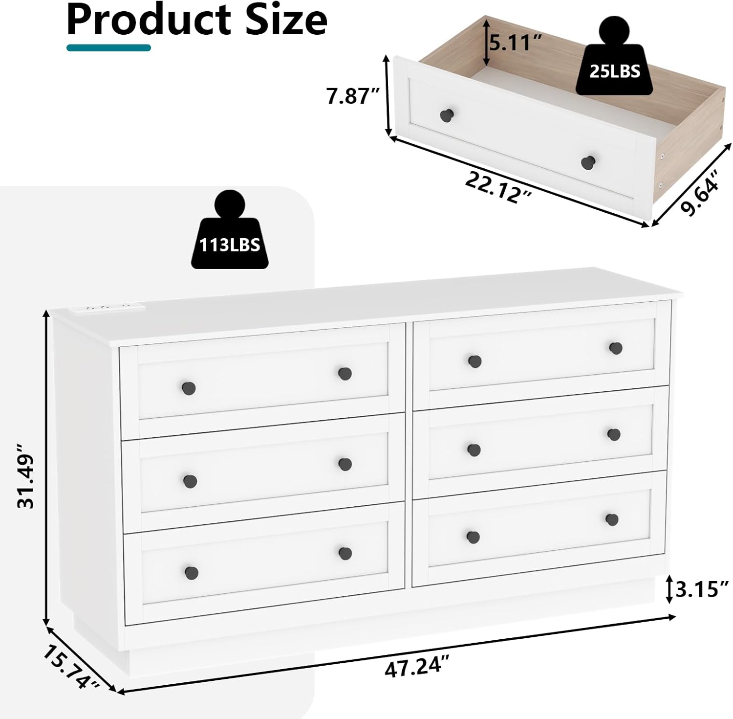 Loomie 6 Drawer Dresser, Modern Drawer Chests with Power Outlet and Led Light, Wide Chest of Drawers for Storage and Organization, White Dresser for Bedroom, Living Room, Closets, Entryway